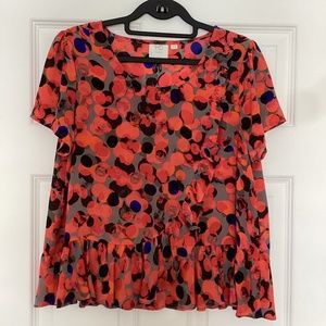 Anthropologie HD In Paris Silk Peplum Ruffle Blouse Top Cap Sleeves Dots Print